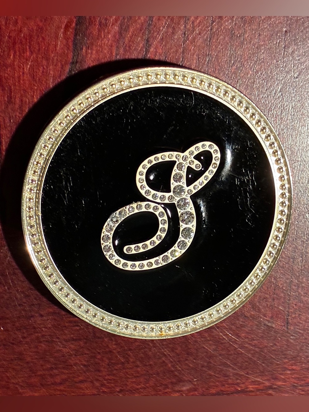Vintage Round Black Purse Mirror with Silver Rhinestone Monogram